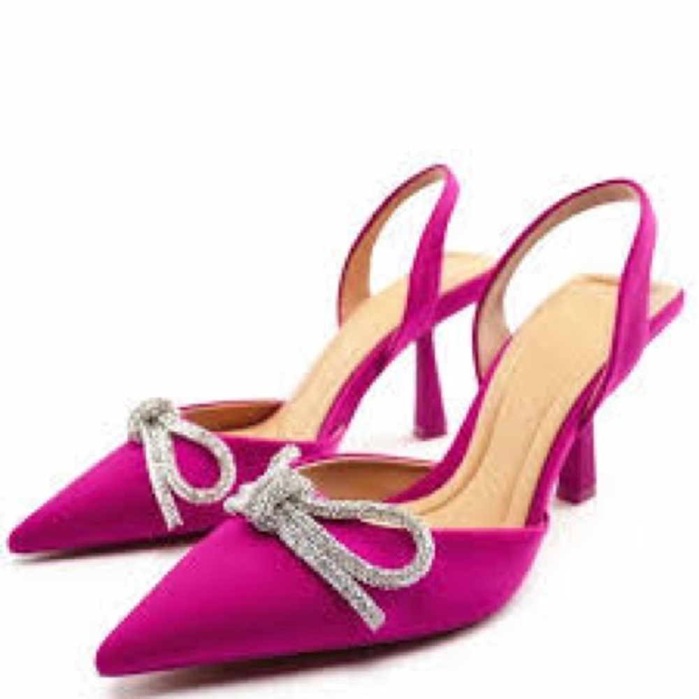 Zara jewel rhinestone bow slingbacks Kitten heel shoes sz 39/ US 8 NWOB Fuchsia - Picture 3 of 5